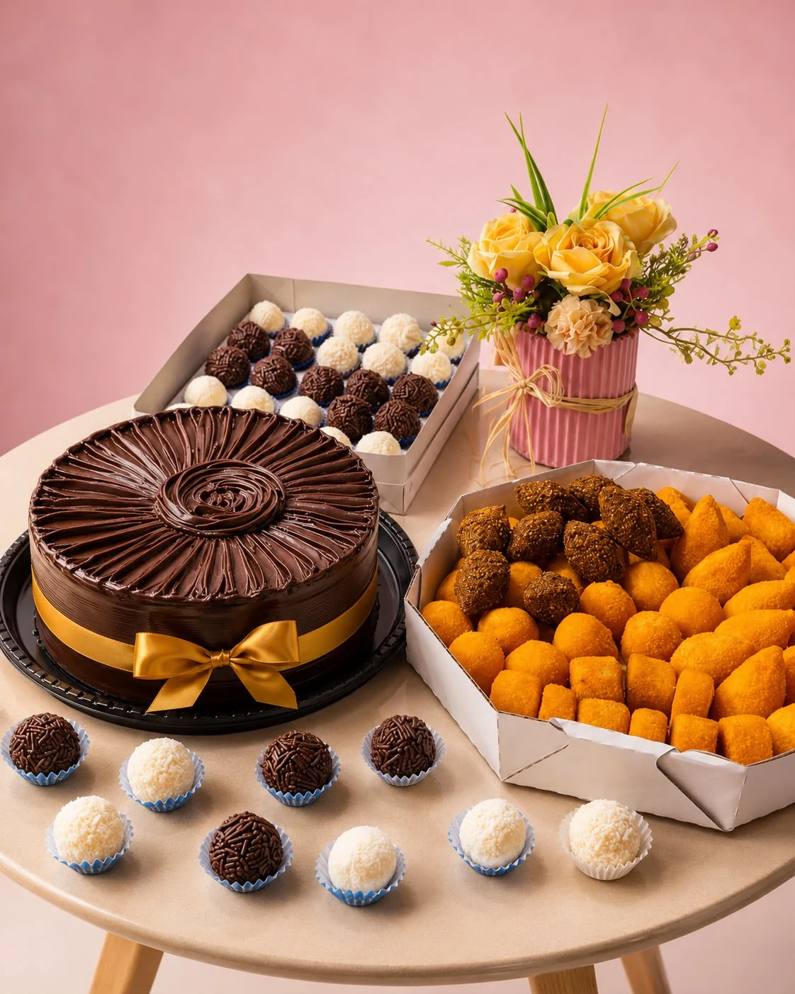 Mesa da Mello's com bolo de chocolate, caixa de brigadeiros e bandeja de salgados